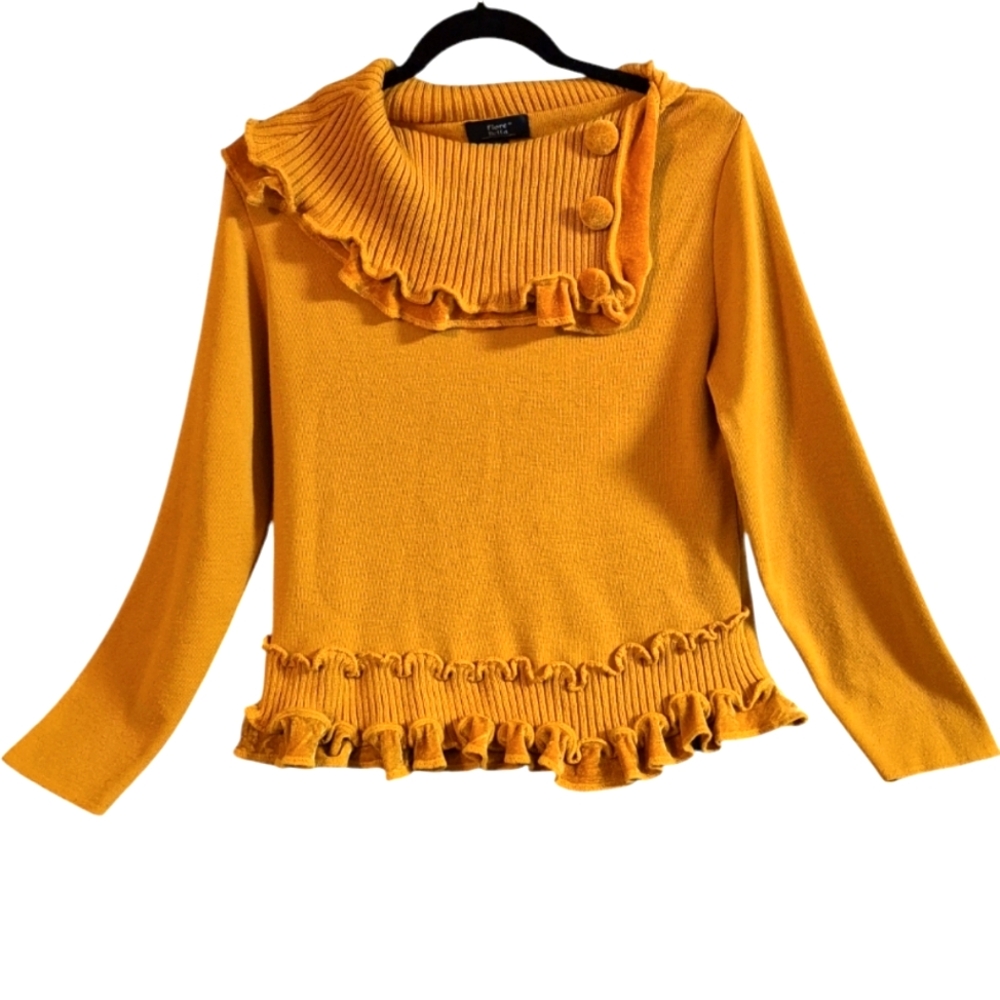 Vintage Fiore Bella M Turkey Made Mustard Yellow Ruffel Knit Wool Cotton Sweater
